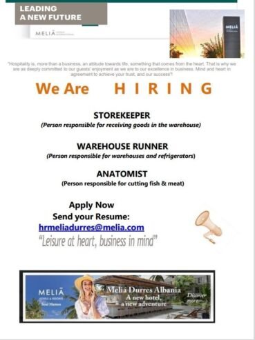 We are hiring Storekeeper,  Warehouse Runner and Anatomist